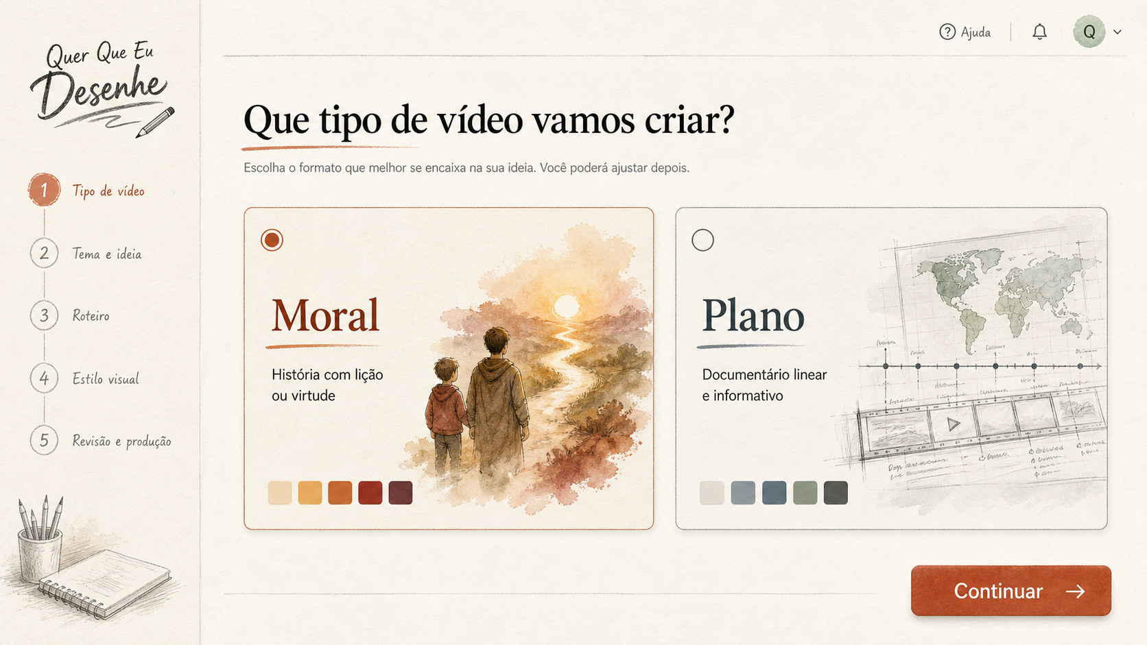 Tela inicial escolhendo tipo de vídeo Moral ou Plano