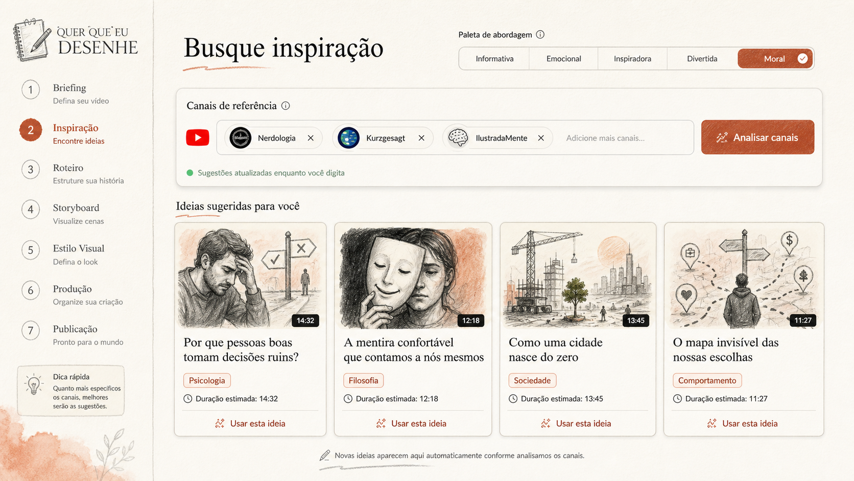 Tela de busca de inspiração com canais de referência e ideias sugeridas
