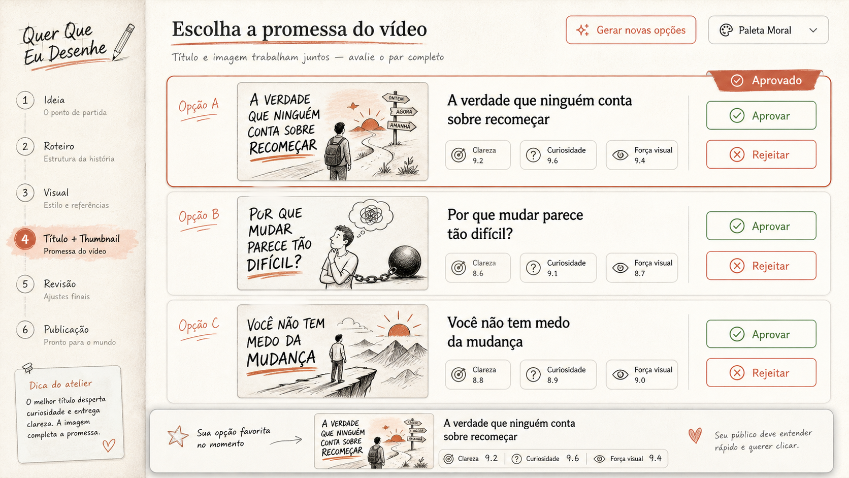 Painel comparando três opções de título e thumbnail para aprovação